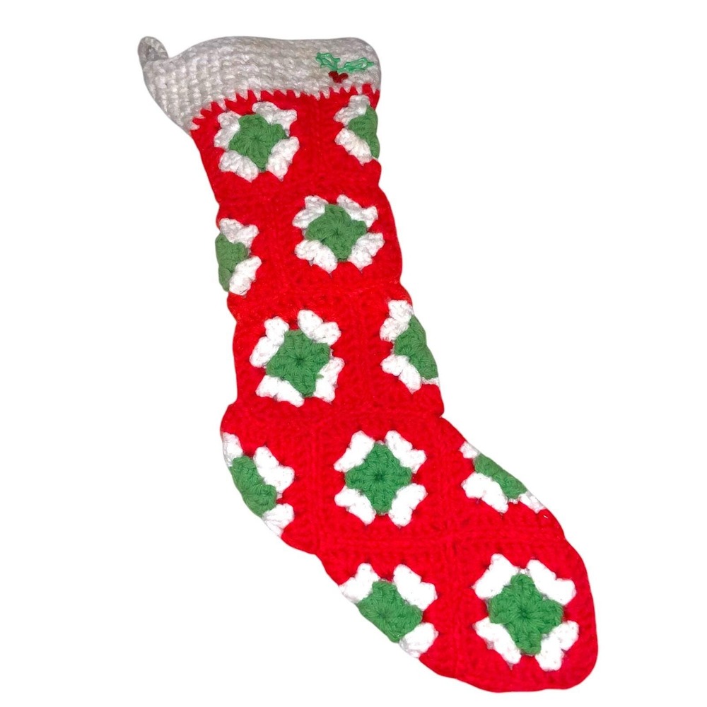 Granny Square Handmade Crocheted CHRISTMAS STOCKING Green Red White 17" MCM